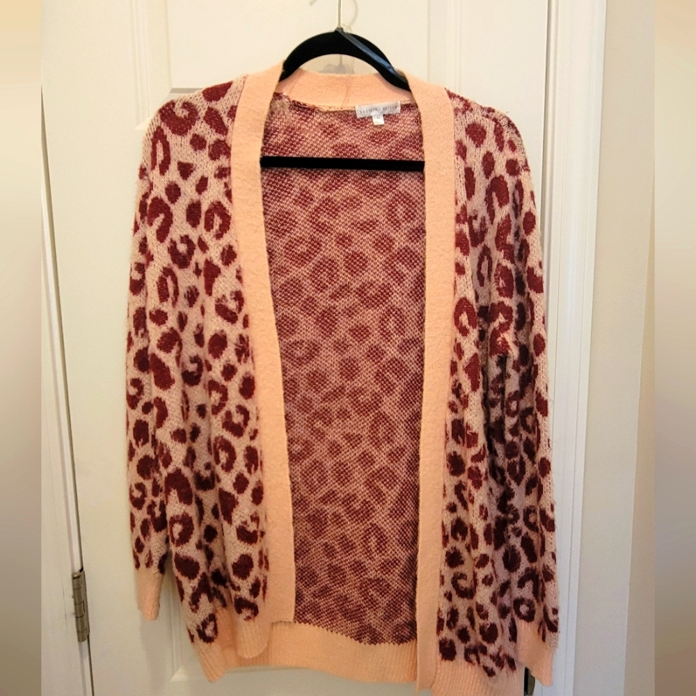 Pink & Burgundy Leopard Print Sweater Cardigan, Size Medium.